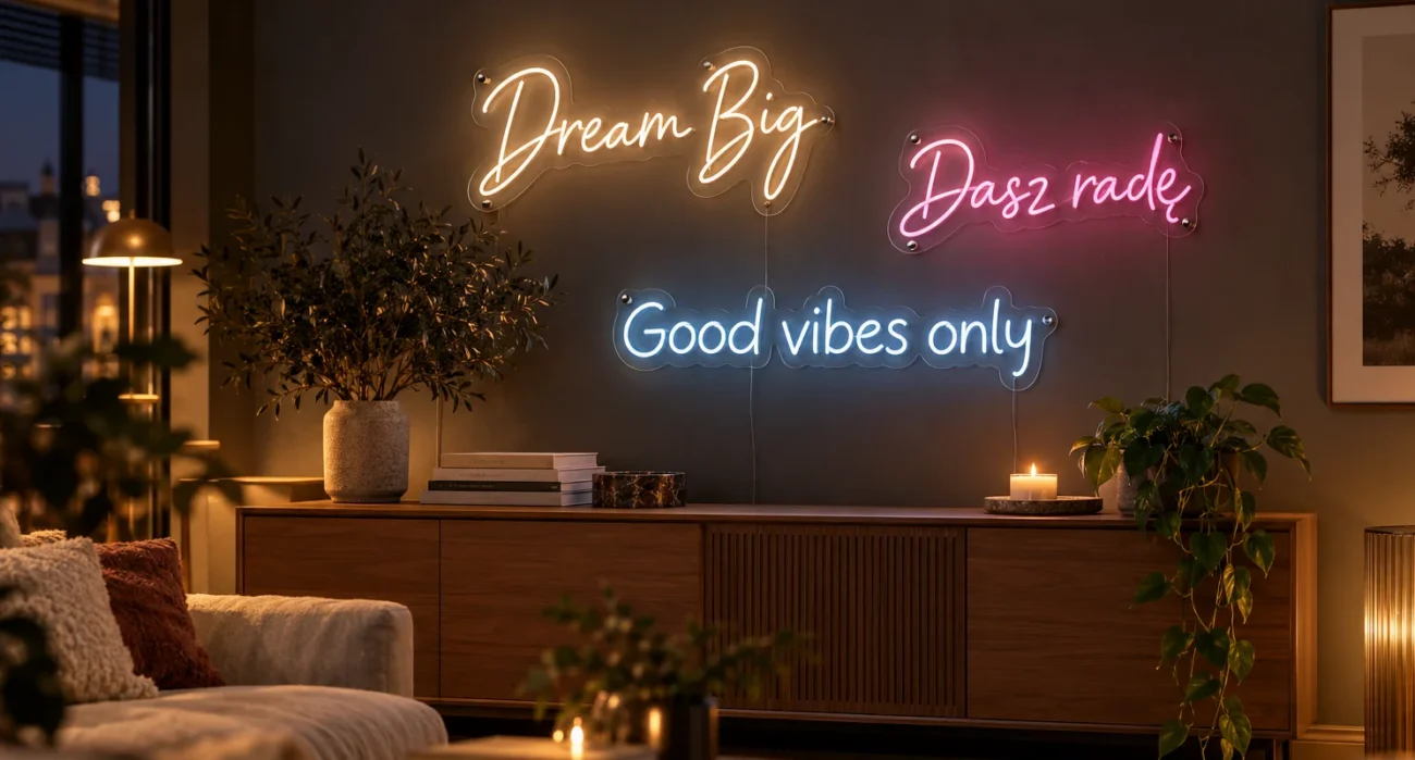 Cytaty na ścianę – neony LED Dream Big, Dasz radę i Good vibes only w salonie