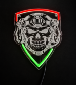 Neon militarny LED – czaszka w hełmie taktycznym, czerwony i zielony neon