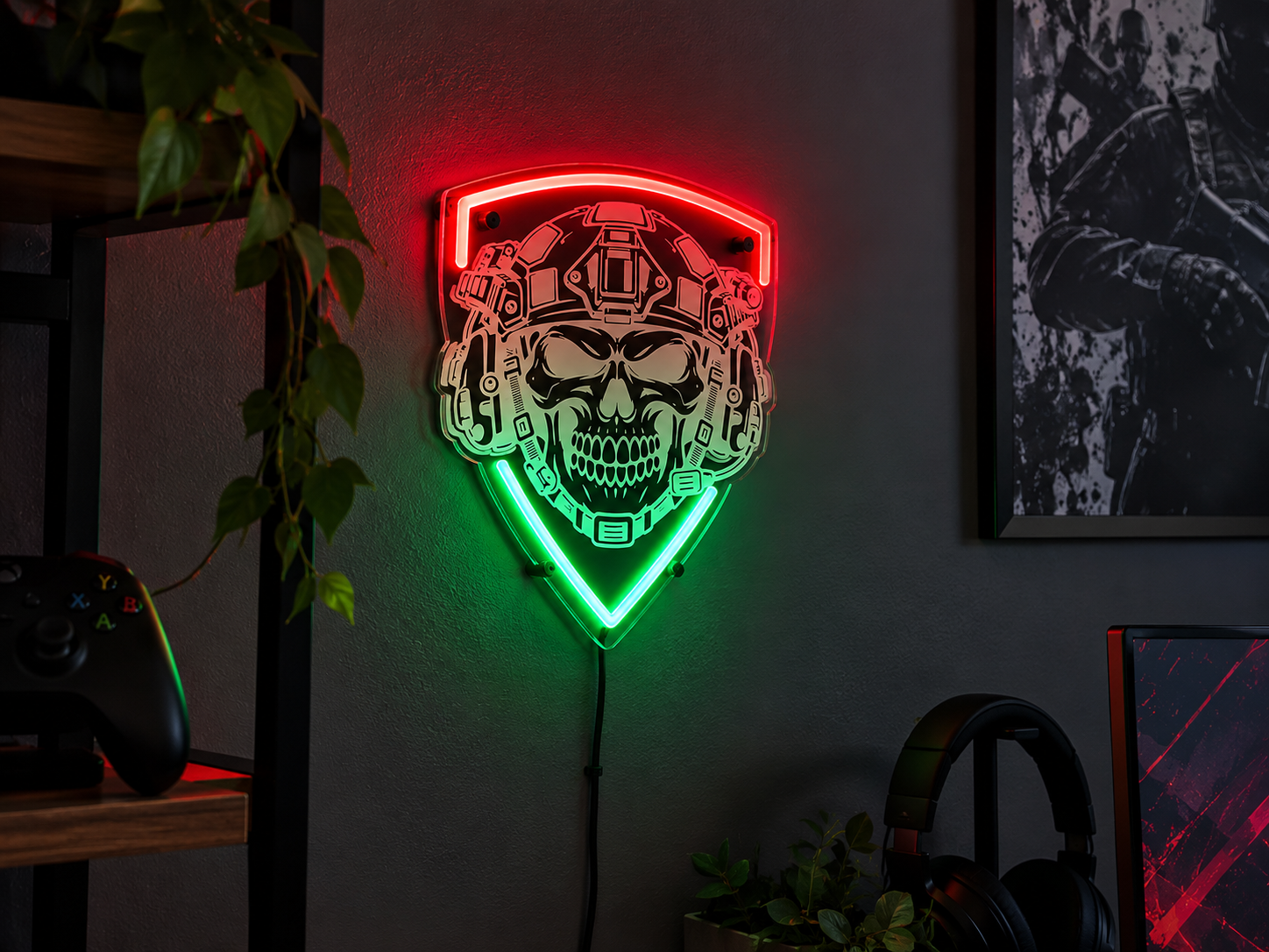 Neon militarny LED w pokoju gracza Neon militarny LED z czaszką w hełmie na ścianie w pokoju gracza