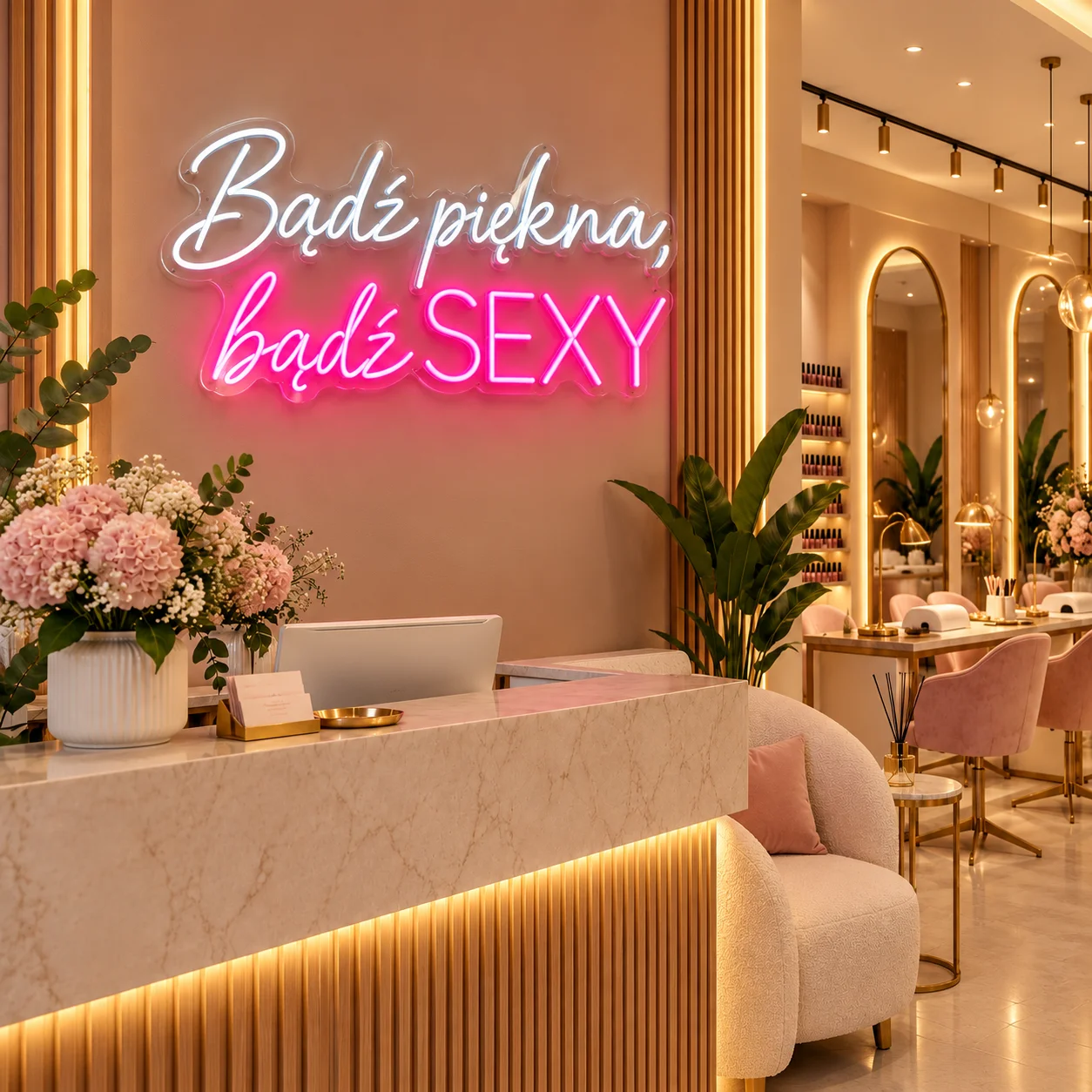 Neon Bądź piękna, bądź SEXY LED w salonie paznokci Neon Bądź piękna, bądź SEXY LED – biało-różowy napis na ścianie recepcji salonu paznokci