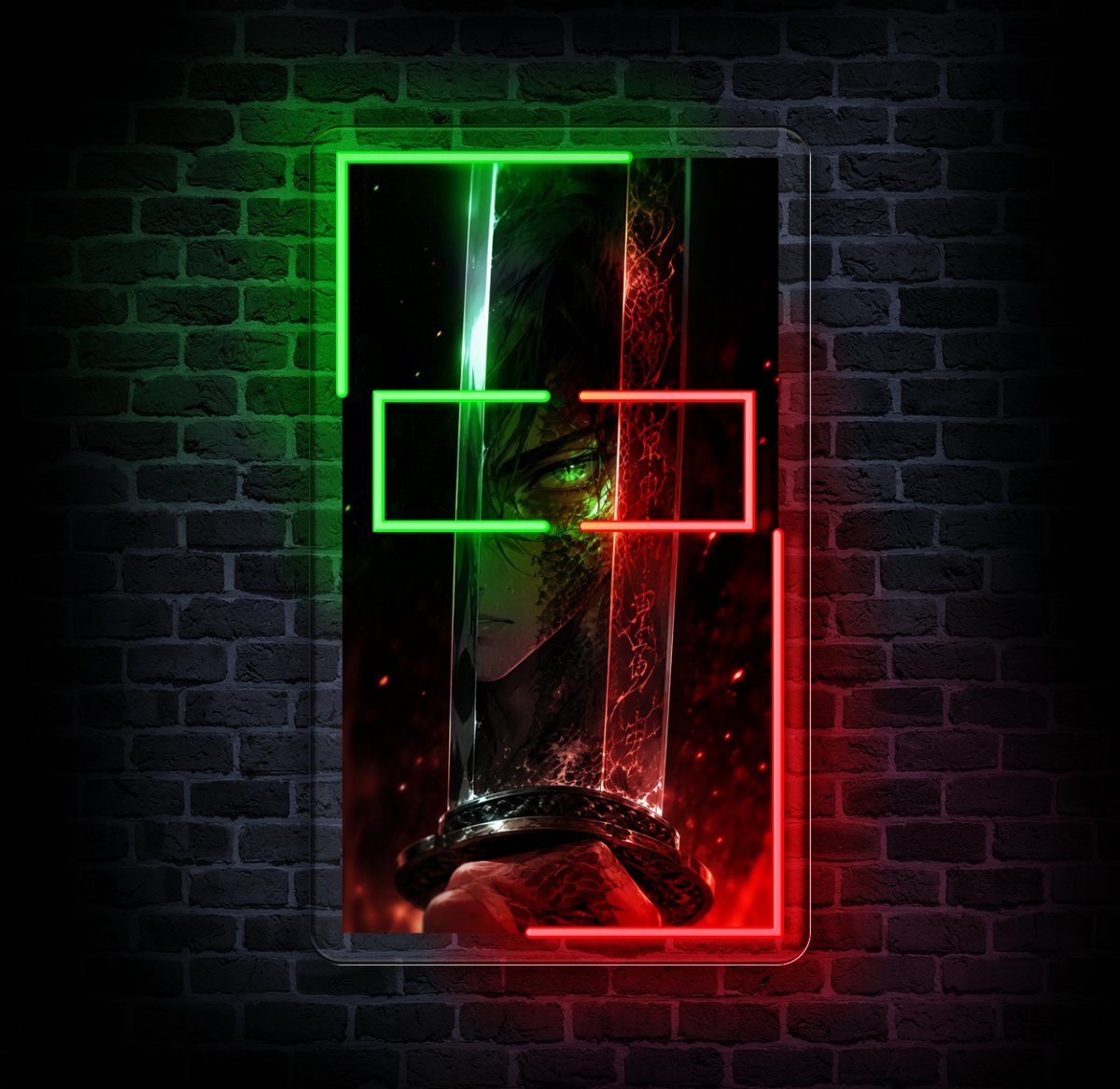 Ryū no Ken – neon katana 35×60 cm Neon katana Ryū no Ken – obraz LED anime z wojownikiem i ramą zielono-czerwoną